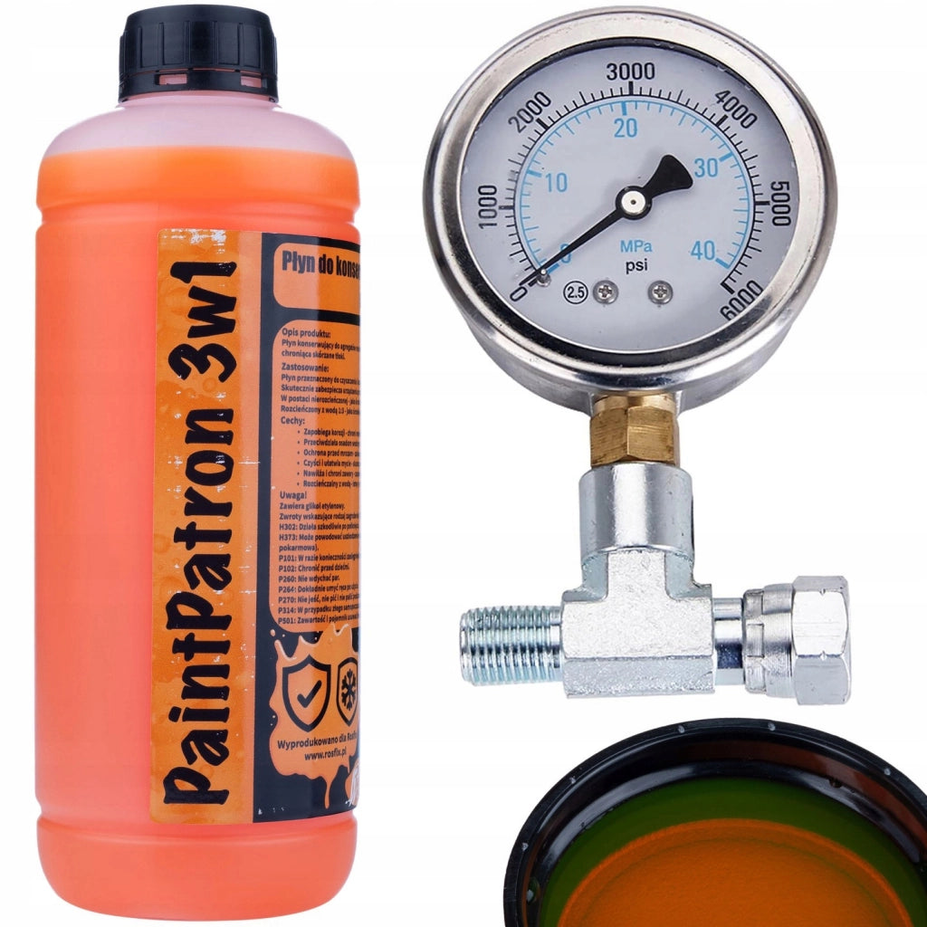Manometro Lineare con Tridente 1/4" + Liquido Conservante-Cleaner Rosfix PaintPatron 3in1 1L – Precisione, Acciaio Inox