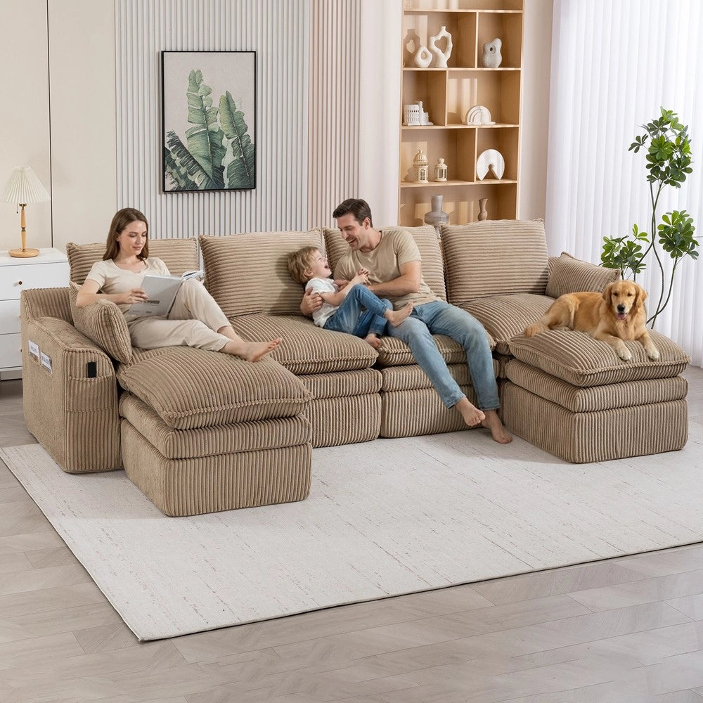 Divano modulare 4 posti con sgabelli - Zephmum- Tessuto cord, cuscini, tasche laterali