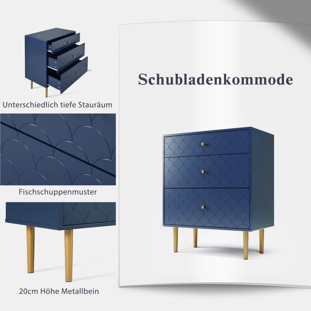 COMODA a 3 cassetti 75x40x89 cm Blu navy con gambe color champagne