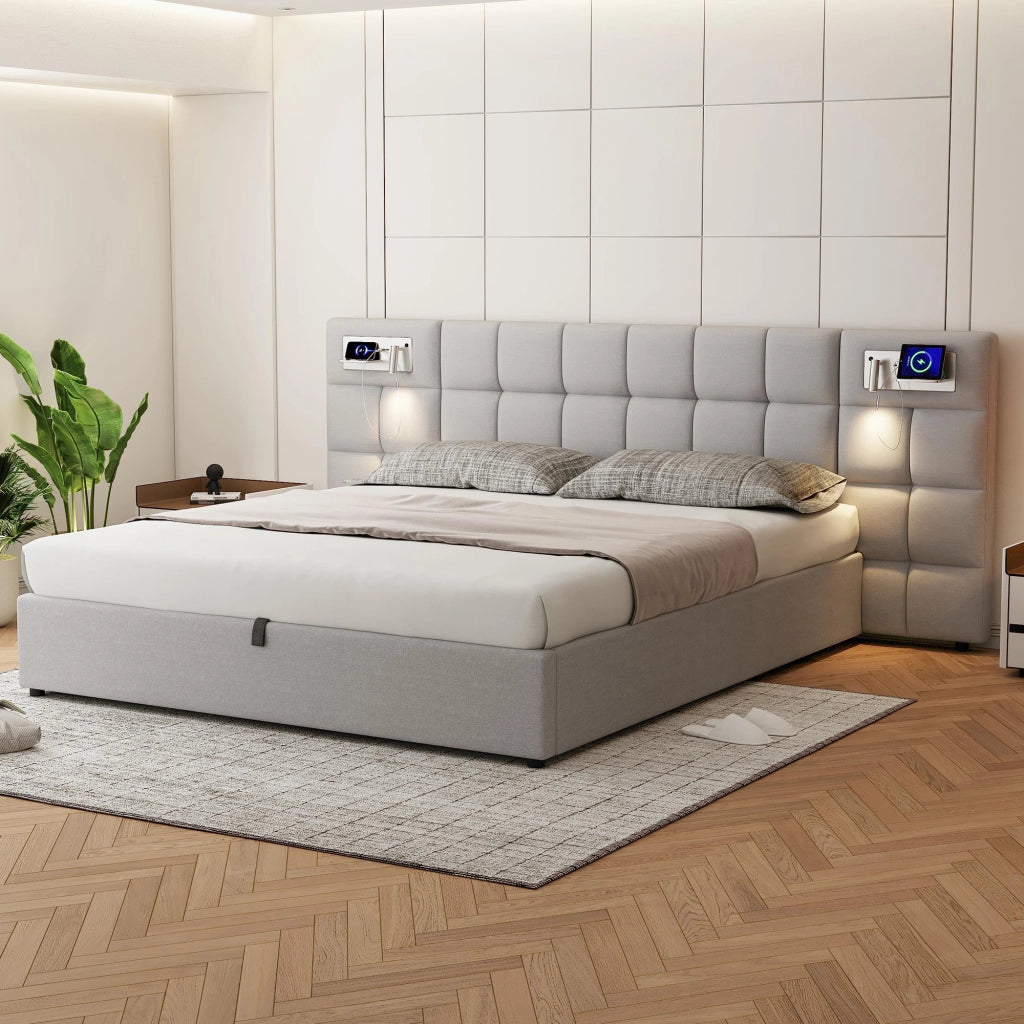 Letto imbottito 180x200 cm - Zephmum - USB, ricarica wireless, luce, contenitore