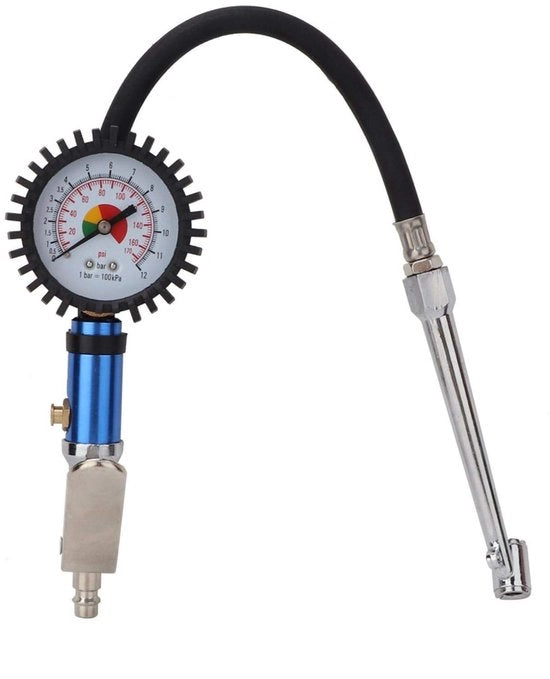 Pompa di gomma con manometro - Pompa di gomma 12 bar - Sonda di pressione per pneumatici per auto - Connettori di aria veloci - Cappuccio autoadesivo - Placca di indicazione 55 mm