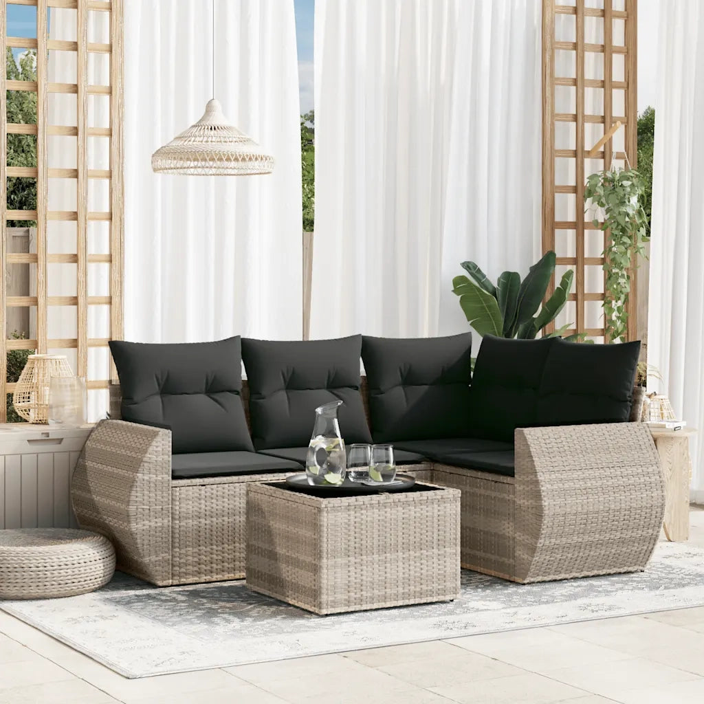 Set Divano da Giardino 5pz con Cuscini Grigio Chiaro Polyrattan