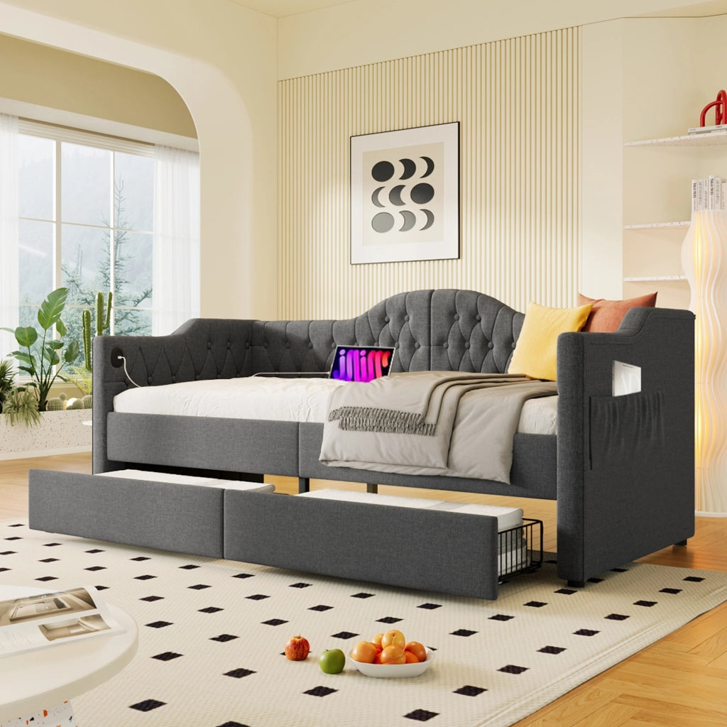 LETTO divano 90x190 cm in lino grigio con USB Type-C e 2 cassetti