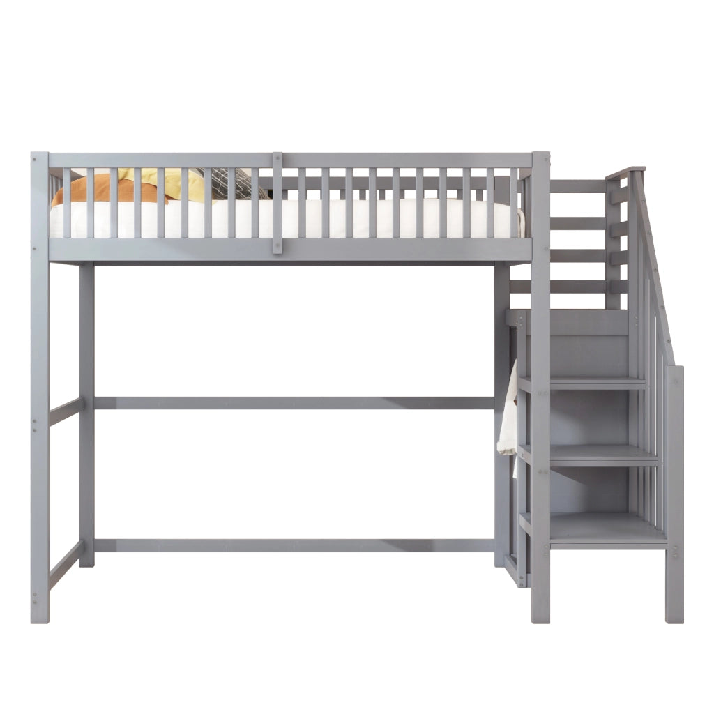 Letto a castello 90x200 - Zephmum - con scala, scaffale e armadio grigio