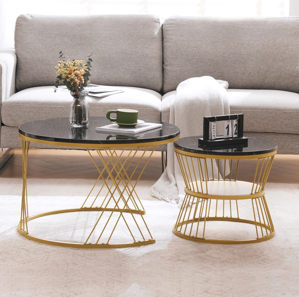 Tavolini da salotto 70x70x47 cm e 45x45x40 cm; set impilabile effetto marmo; MDF nero