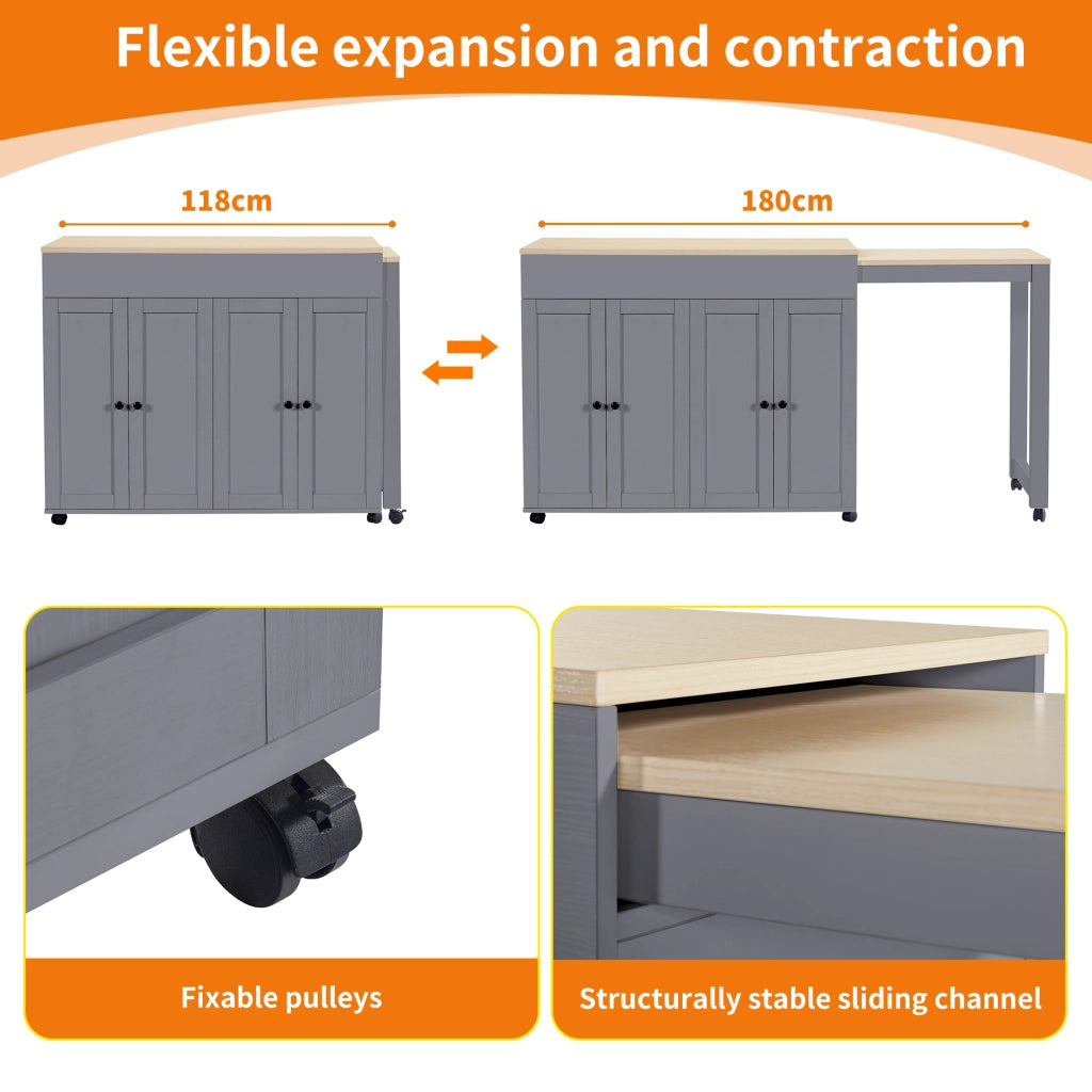 Tavolo allungabile con 6 vani contenitore in MDF grigio per cucina e sala da pranzo 118 × 50 × 94 cm