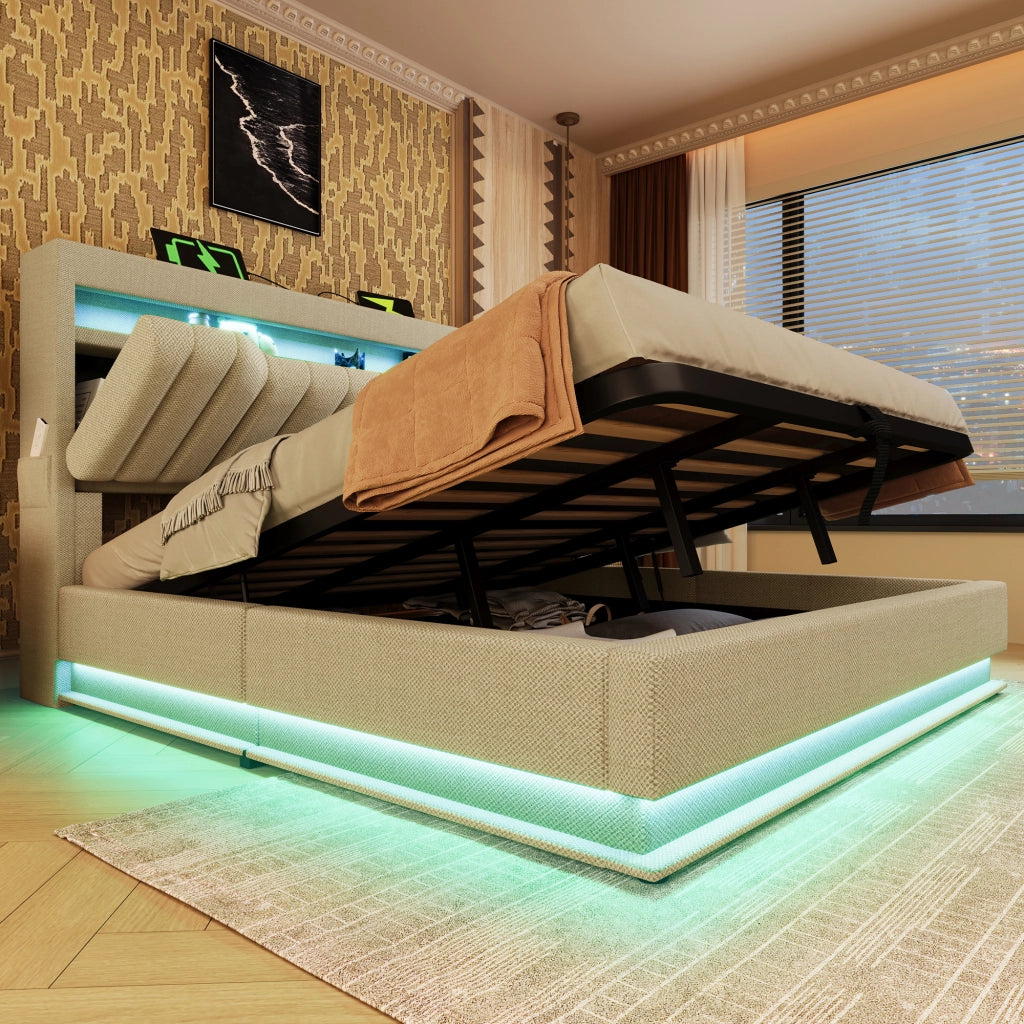 Letto contenitore matrimoniale 140x200 cm imbottito; testiera con vani; LED testiera/pediera; USB; USB-C; idraulico; lino beige