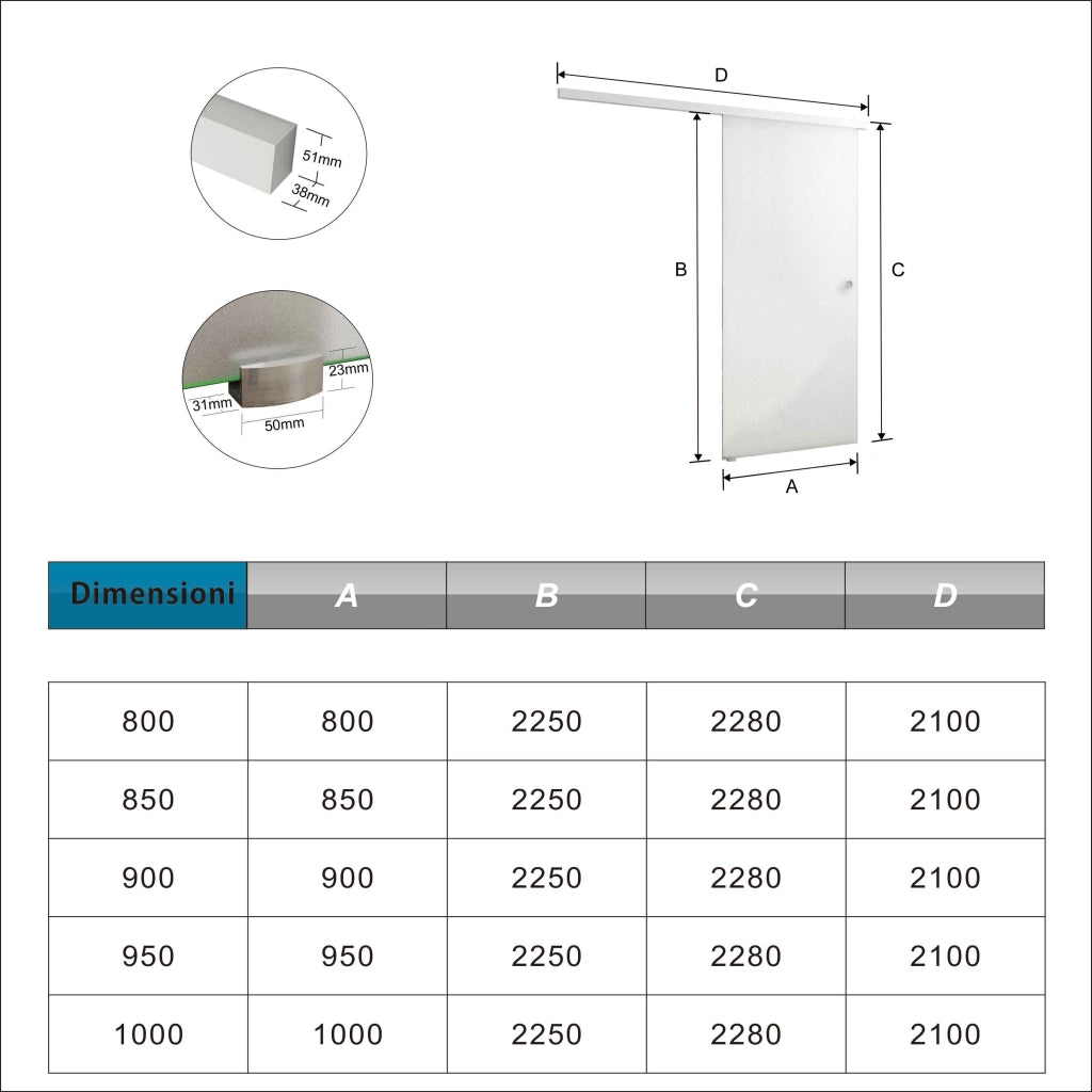 85x225 cm Porta Scorrevole in Vetro da 8 mm Temperato Opaco con Pellicola Anti-frantumi con Binario in Alluminio Bianco Verniciato