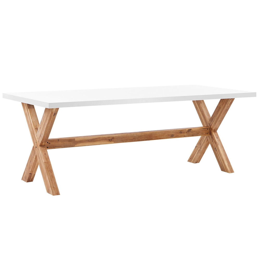 Set da Esterno con Tavolo in Cemento Sintetico  bianco e beige e 6 Sedie in Vimini