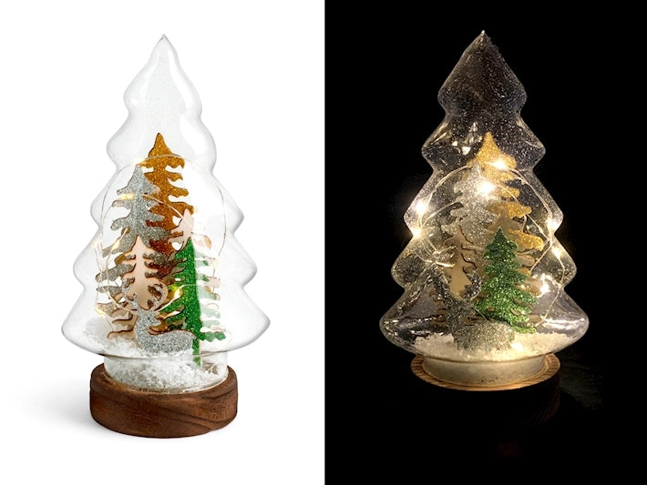 Albero natale in vetro con led su base legno h 21
