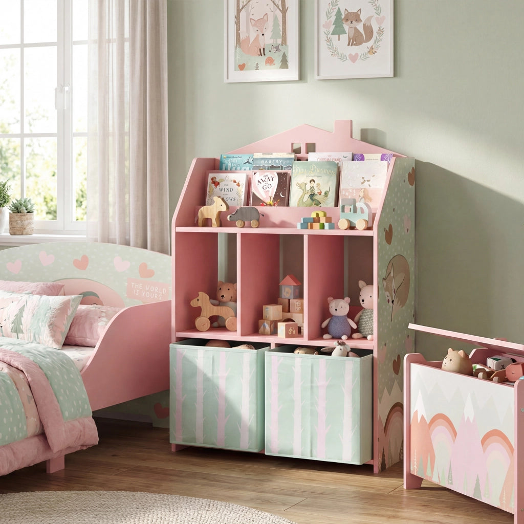 Libreria per bambini con 2 cassetti in tessuto ¨C Minimal ¨C MDF, rosa