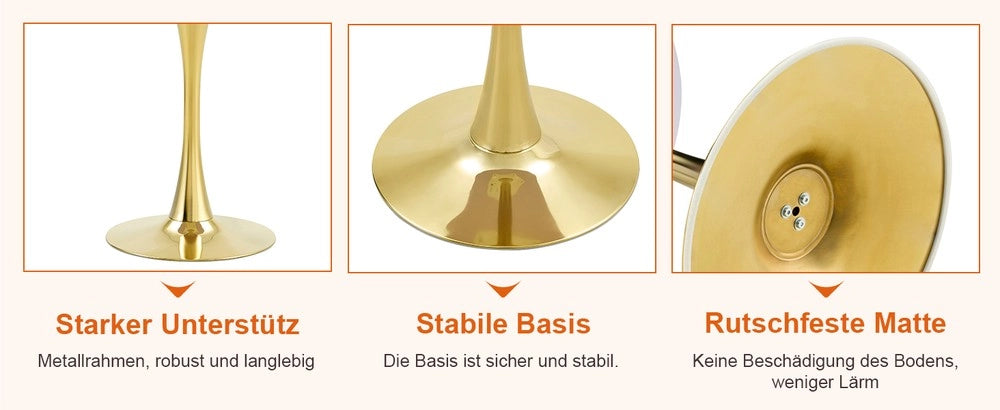 Set Tavolo Rotondo e 2 Sedie da Pranzo ¨C Xylo ¨C Piano MDF Effetto Legno, Gambe Oro, Tessuto Grigio Chiaro