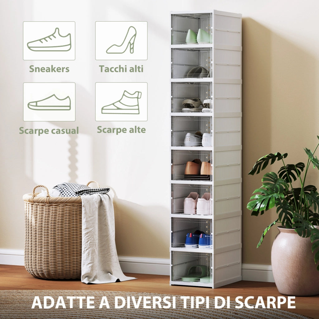Armadio per scarpe con 8 contenitori impilabili e pannello trasparente ¨C zephmum ¨C bianco