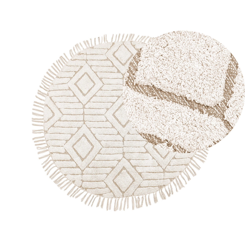 Tappeto rotondo in cotone beige ⌀ 140 cm trapuntato con motivo a frange boho soggiorno camera da letto