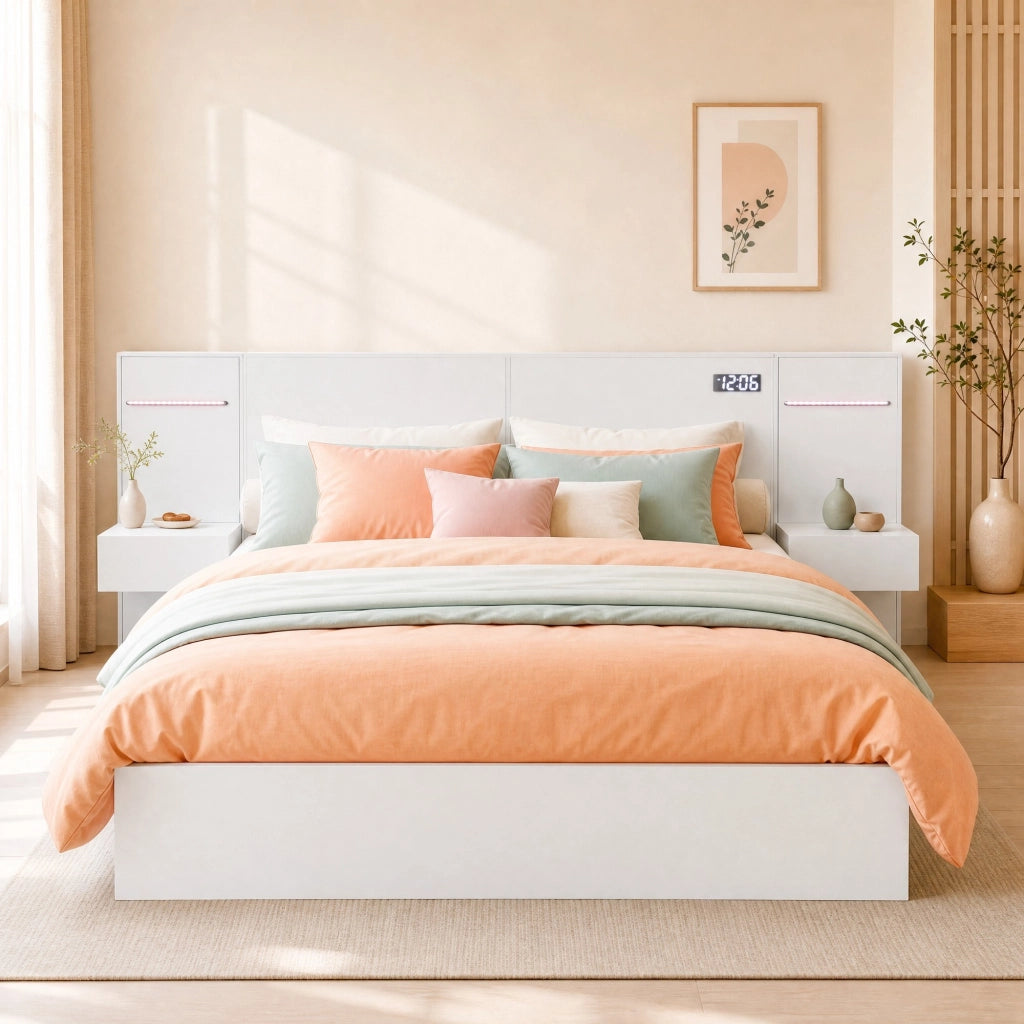 LETTO matrimoniale 160x200 cm MDF bianco con USB, Bluetooth e comodini