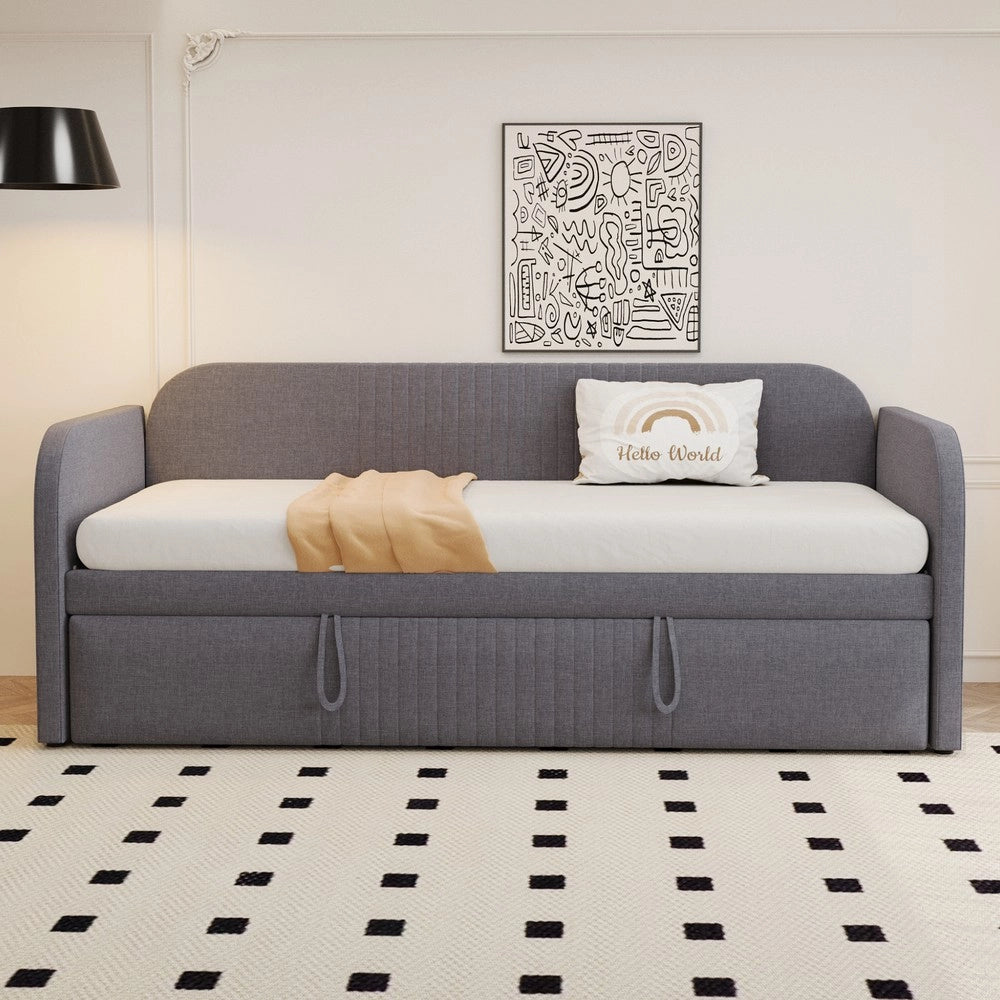 Letto Imbottito Estraibile ¨C MINIMAL ¨C Grigio, Tessuto Lino, Rete a Doghe, 90x190/180x190