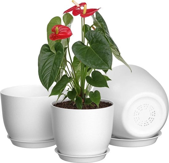 Set di 3 vasi in plastica da giardino, diametro 25/23/20 cm, con fori di drenaggio e ciotole, adatti per interni ed esterni