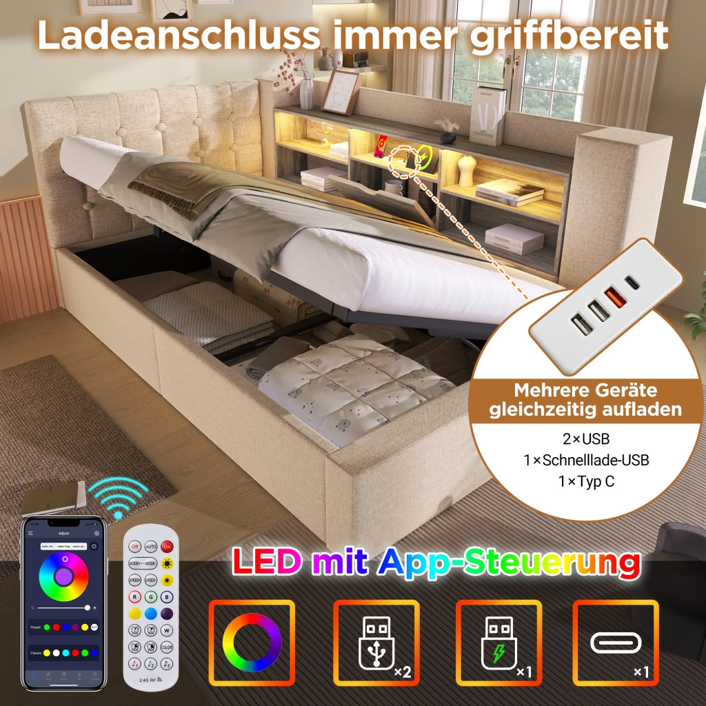 Letto imbottito idraulico con illuminazione a LED 90x190 cm colore beige lino