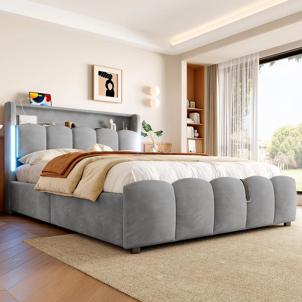 Letto 140x200cm?- Xylo - idraulico USB velluto grigio
