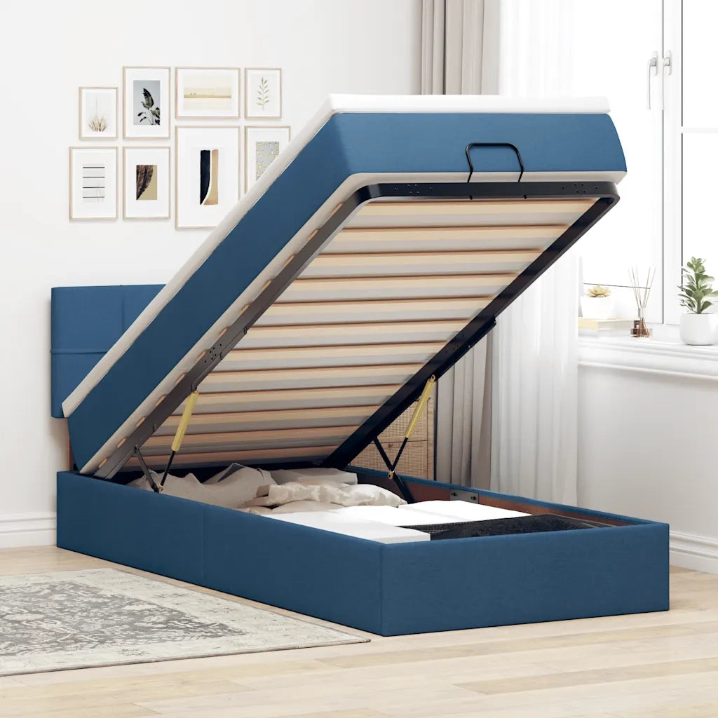 Pouf Letto con Materasso e LED Blu 90x200 cm in Tessuto