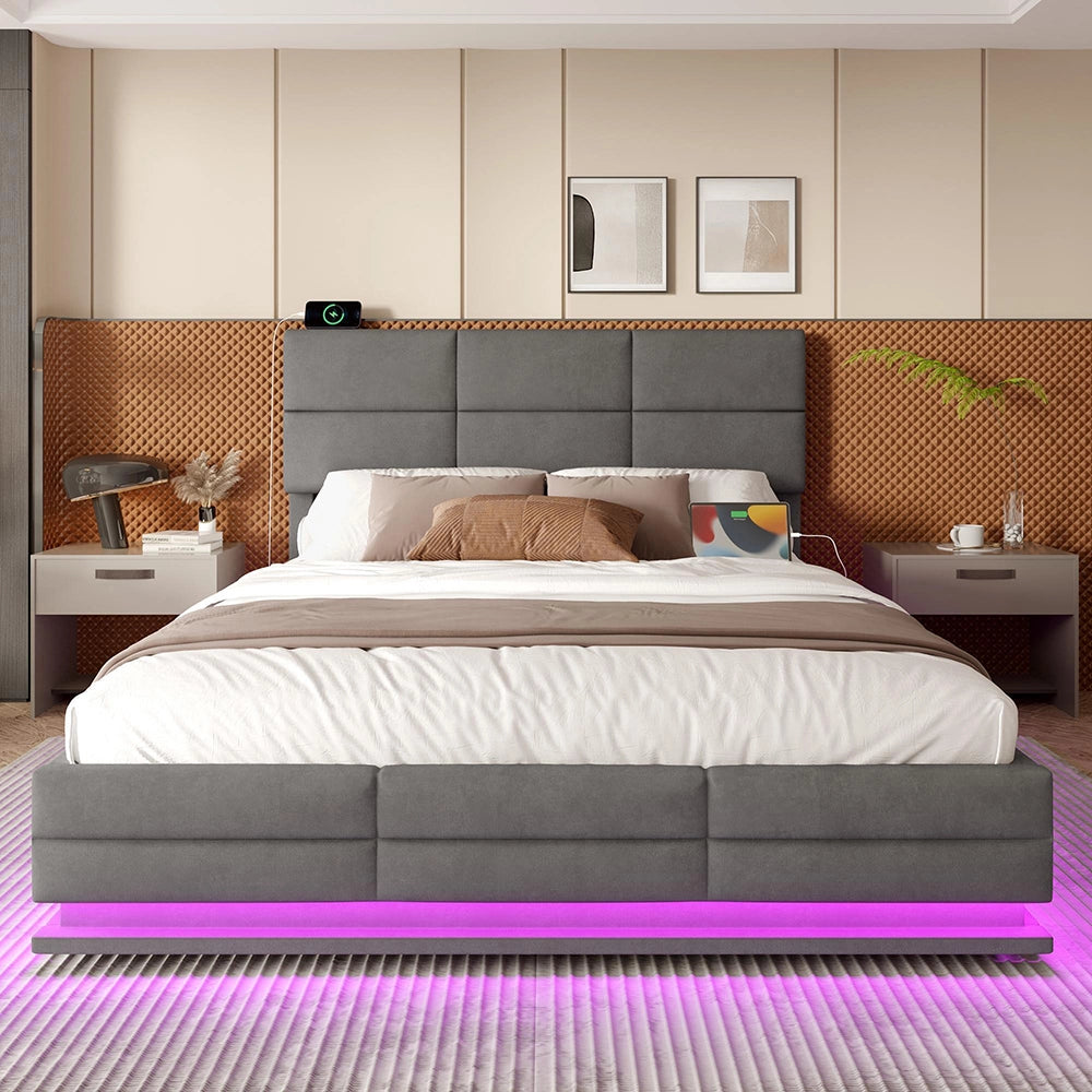 Letto 140x200cm imbottito - Xylo - velluto grigio USB idraulico LED