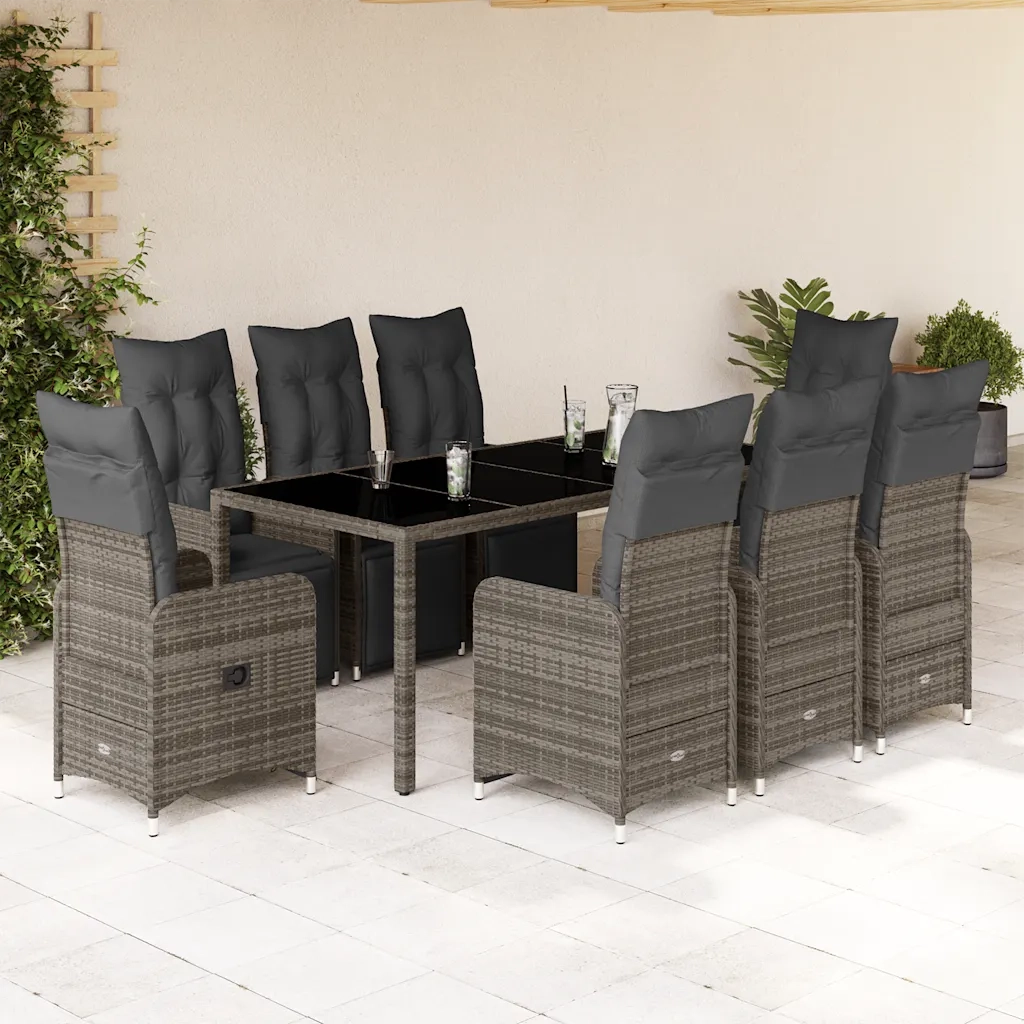 Set Bistrò da Giardino 9 pz con Cuscini in Polyrattan Grigio 3277170