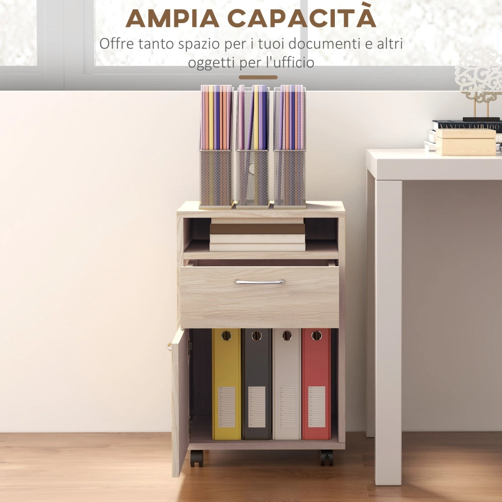 Cassettiera per Ufficio con Ripiano Aperto e 2 Cassetti ¨C Minimal ¨C Legno Rovere e Metallo, 40x35x60 cm