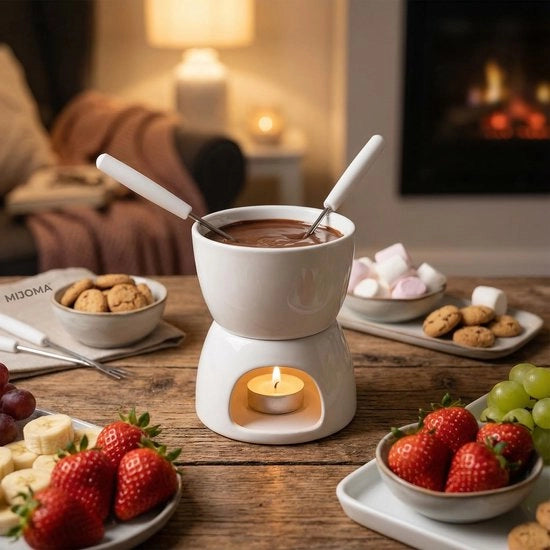 Set di fonduta mini - Design elegante in bianco - Incluso 2 forchette da fonduta - Ceramica di alta qualità - Ideale per biscotti/frutta - Dimensioni 10 x 9 x 6 cm - Fonduta in ceramica