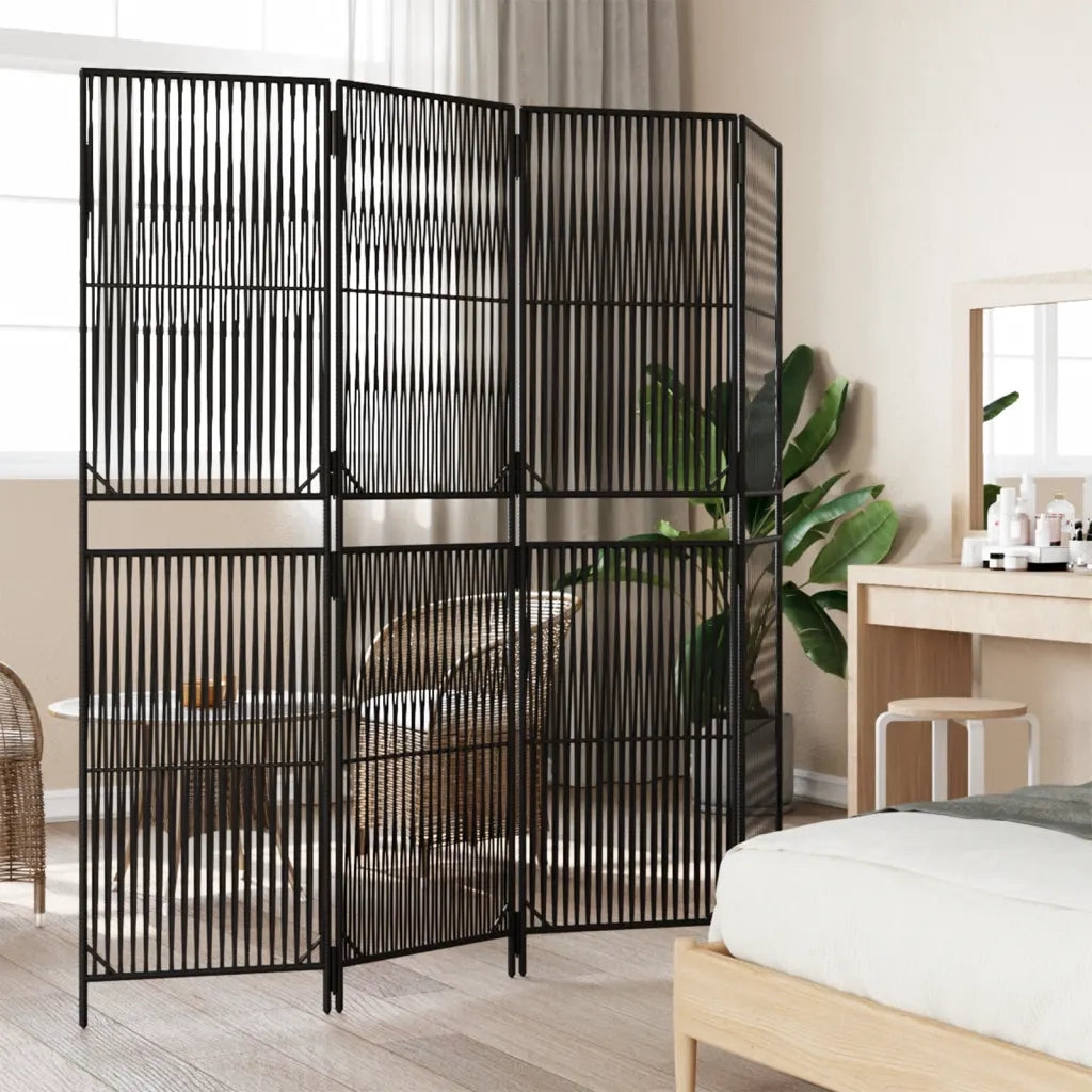 Divisorio per Ambienti | Divider per stanze | Paravento a 4 Pannelli Nero in Polyrattan