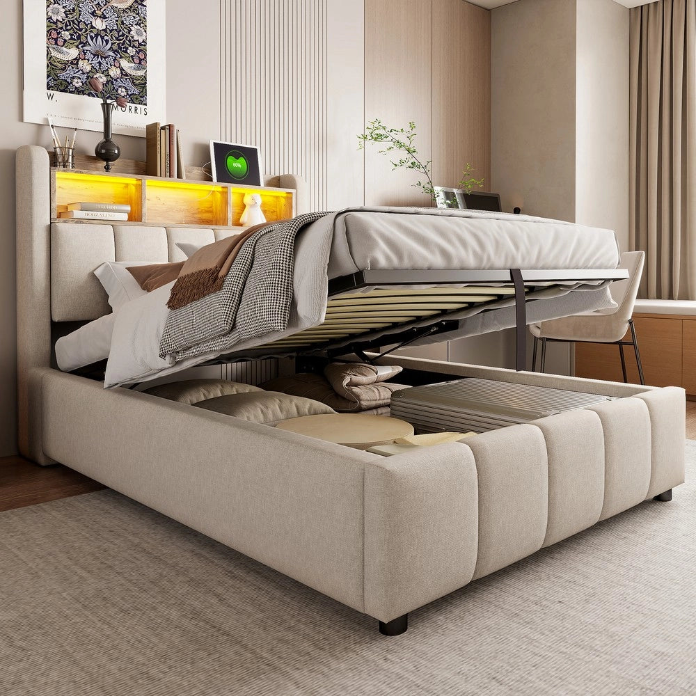 Letto Imbottito Singolo con LED, USB e Contenitore Idraulico ¨C MINIMAL ¨C Lino Beige 90x200