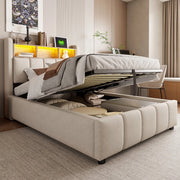 Letto Imbottito Singolo con LED, USB e Contenitore Idraulico ¨C MINIMAL ¨C Lino Beige 90x200