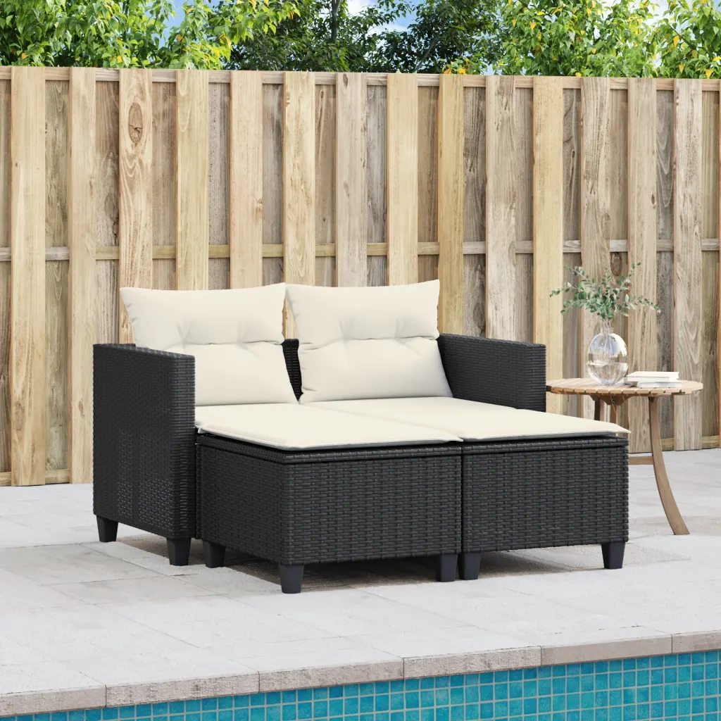 Divano da Giardino 2 Posti con Sgabelli-Sofa da Giardino-Divano da esterno Nero in Polyrattan 289891