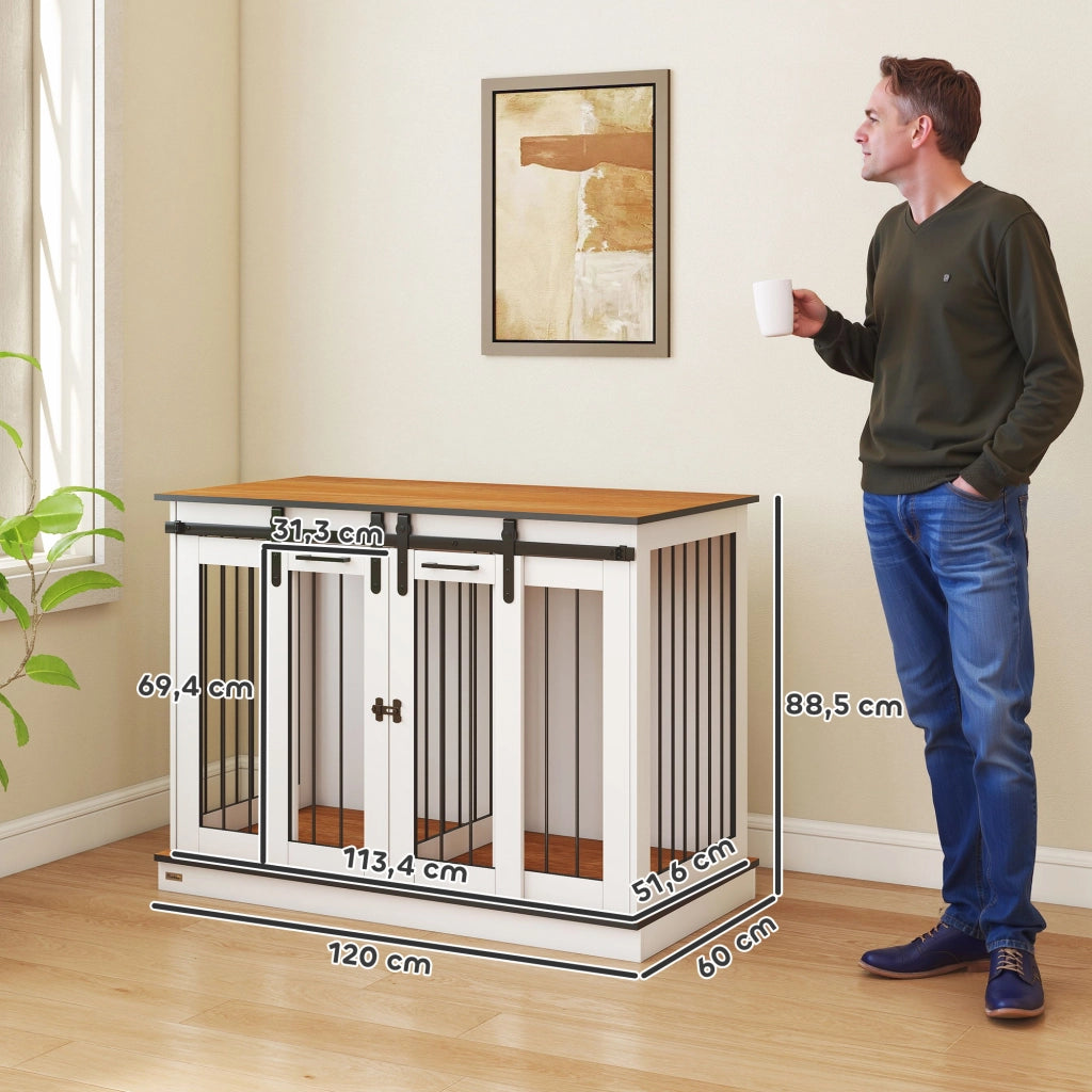 Gabbia per Cani con 2 Porte ¨C Xylo ¨C Design Rustico Bianco con Serratura