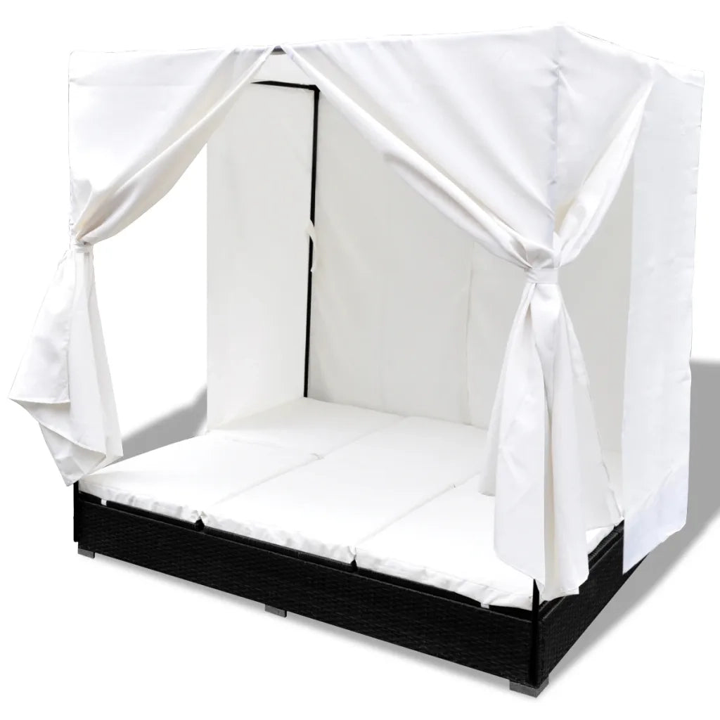 Lettino Prendisole con Tende in Polyrattan Nero 42948