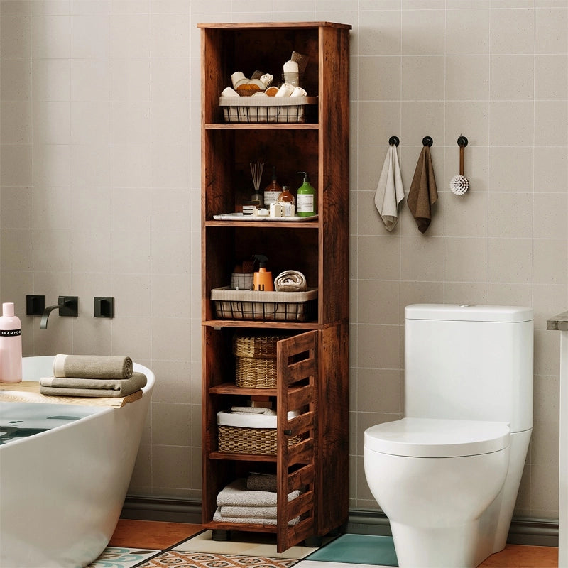 Mobiletto da bagno stretto, marrone scuro, stile rustico, altezza