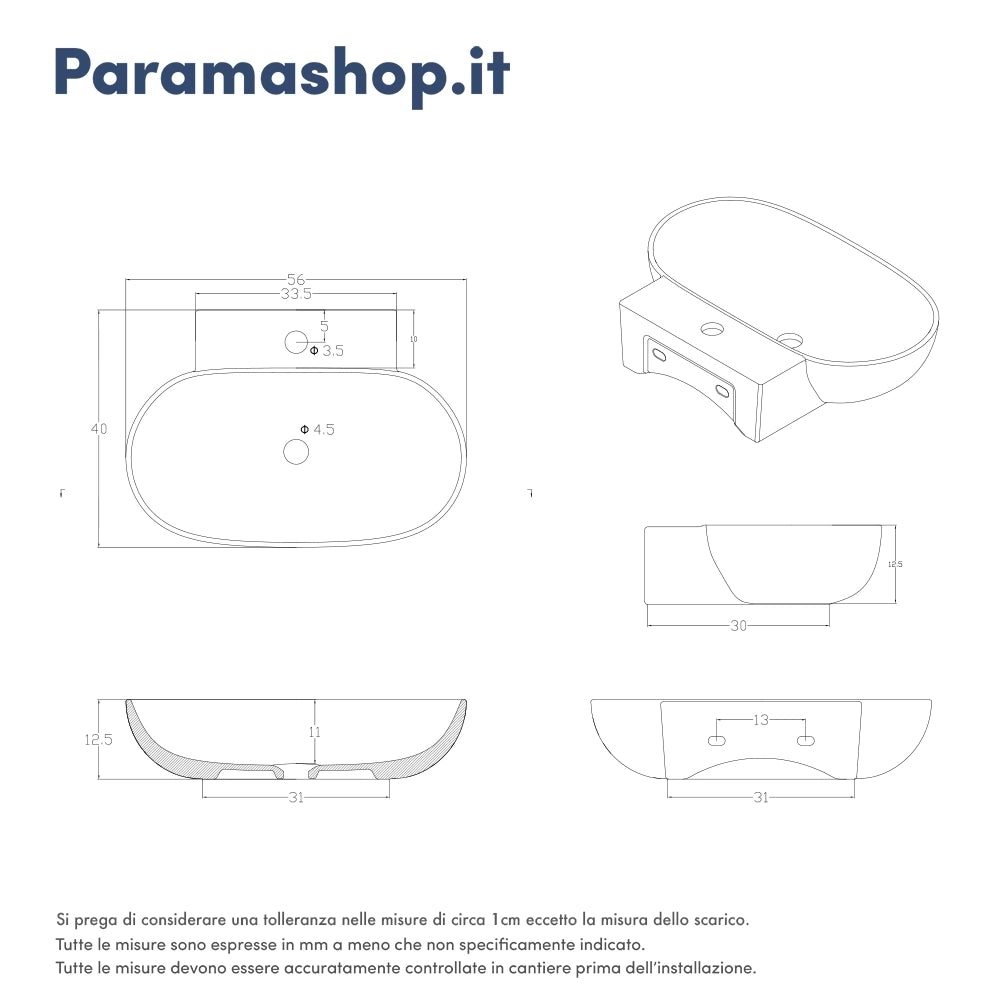 Lavabo da appoggio ovale 56x40x12,5 cm Bianco