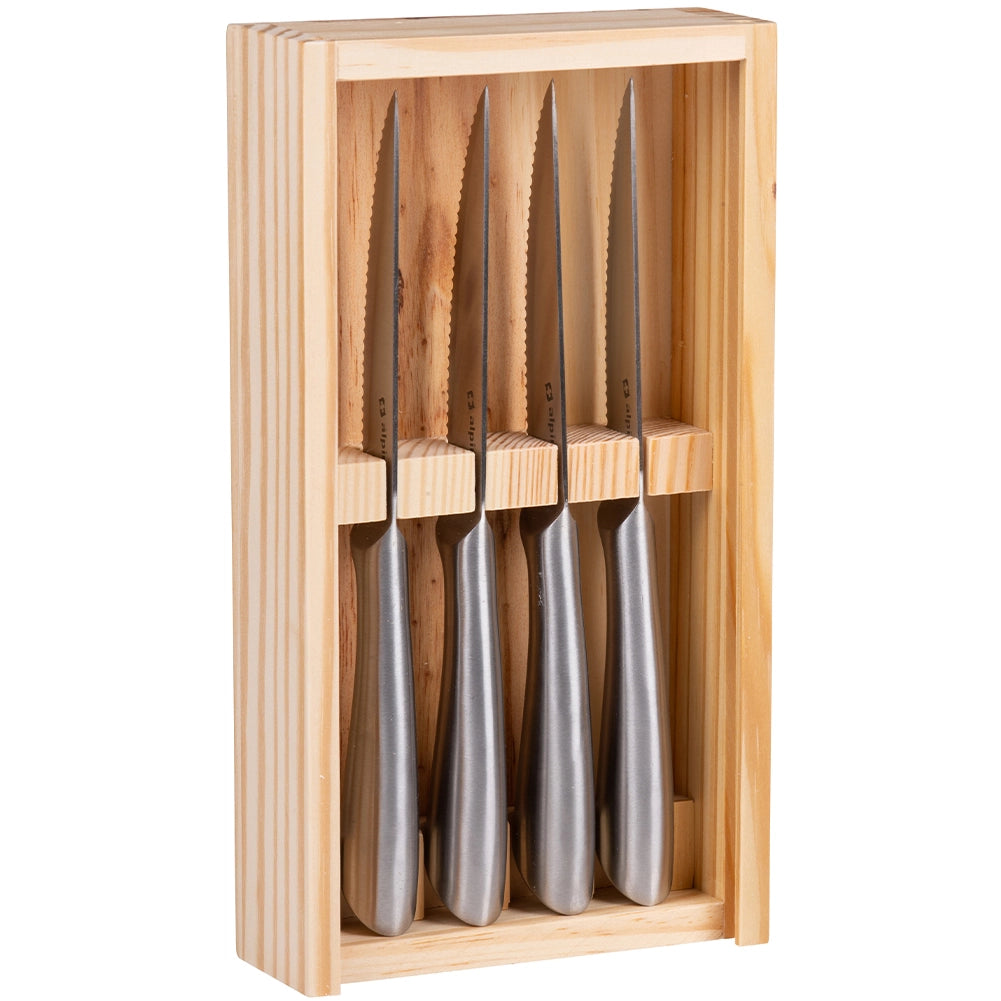 Set 4 Coltelli per Bistecca Carne e Pesce Affilati Organizer Astuccio in Legno