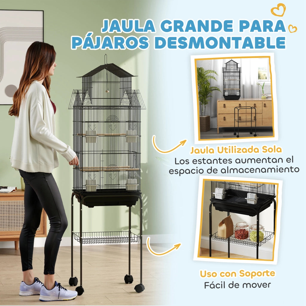 Gabbia per Uccelli con Ruote ¨C Minimal ¨C 50,5x41x163 cm Nero