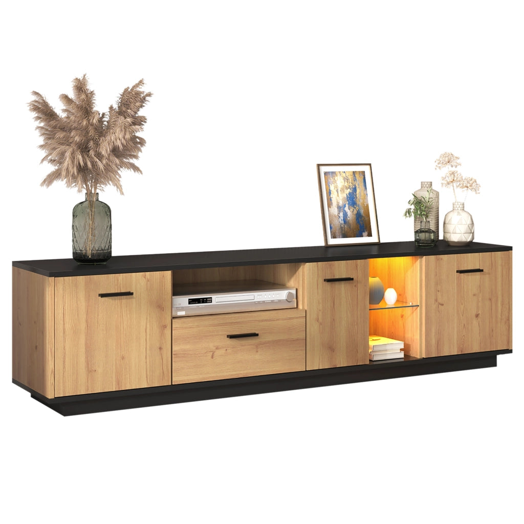 Mobile TV con cassetto e LED - Zephmum- Nero e legno naturale
