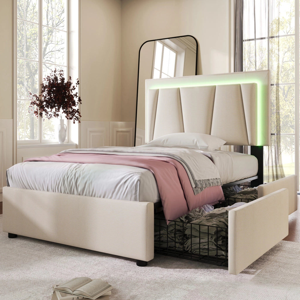LETTO 90x200 cm Beige con testata regolabile, LED e 2 cassetti