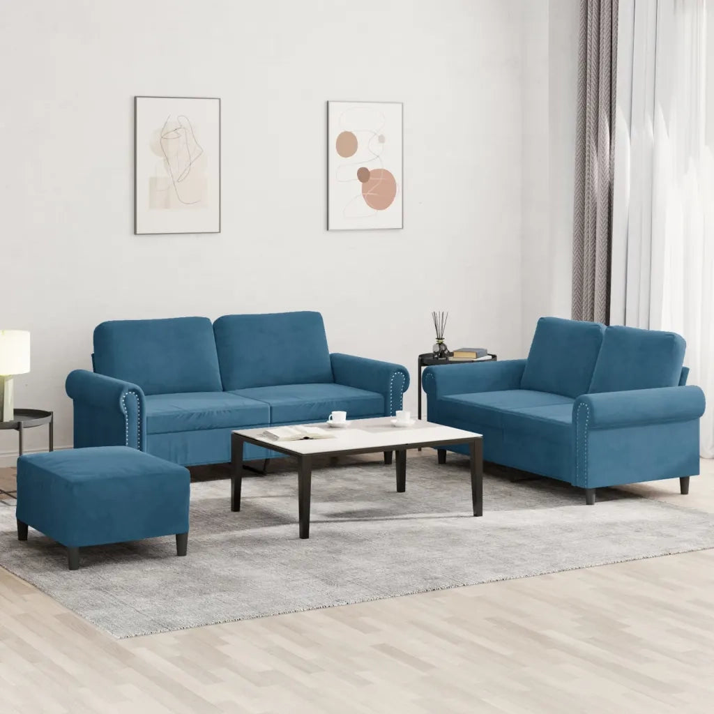 Set di Divani 3 pz con Cuscini Blu in Velluto 3202229