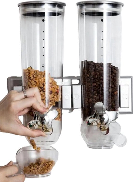 Dispensatore di Cereali - 2x 1,5kg - Capacità 3kg - Montaggio a Parete - Argento