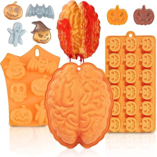 Forme per torte e dolci per Halloween, 3 pezzi di zucca, fantasma, cervello e pipistrello