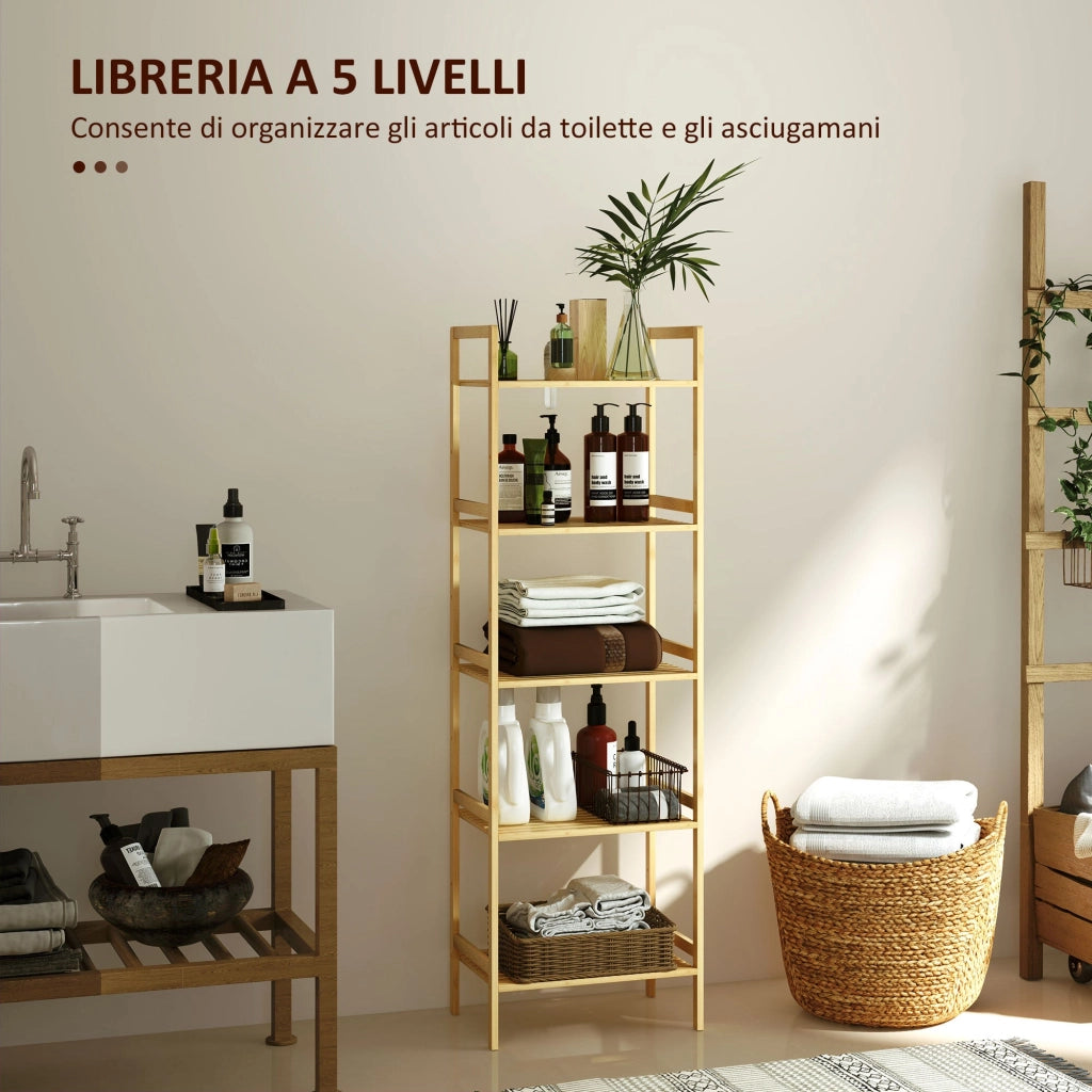 Scaffale Bagno 43,5x31,5x142 cm  a 5 Ripiani Regolabili in Bambù