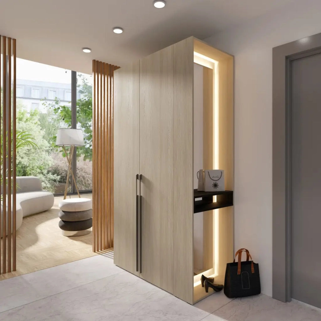 Armadio SORIA 110 cm quercia e nero con specchio LED e nicchia – 2 ante a battente