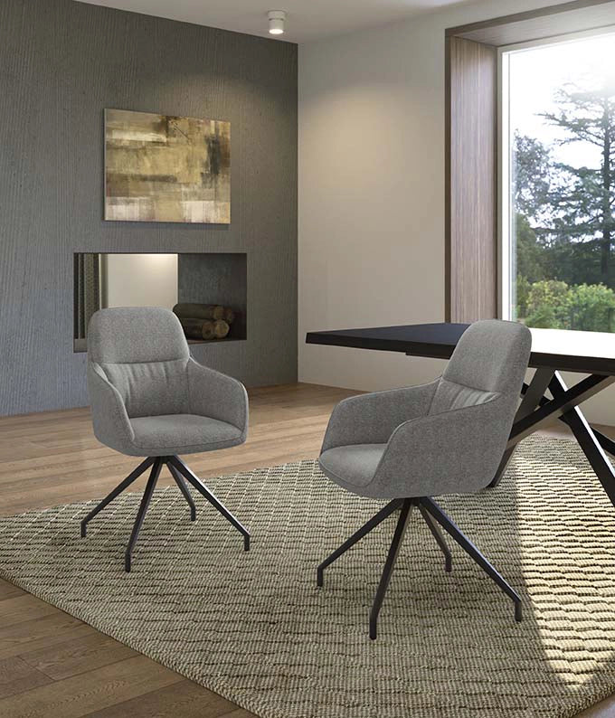 Sedia da pranzo girevole Gaia design moderno a conchiglia con rivestimento in tessuto grigio chiaro e struttura in metallo nero - OM