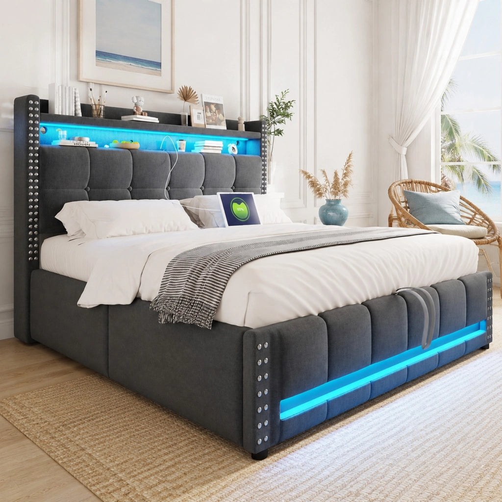 LETTO imbottito 140x200 cm in tessuto grigio con LED, USB e contenitore