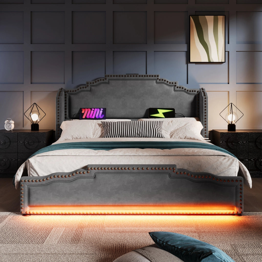 LETTO matrimoniale 180x200 cm con 4 cassetti, LED, USB e Type-C, velluto grigio