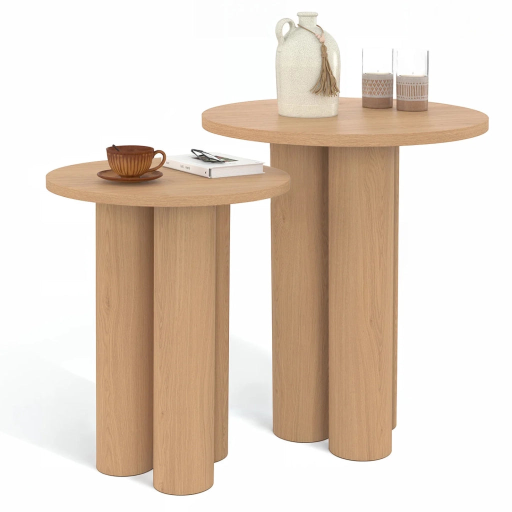 IDMarket - Set di 2 tavolini rotondi, tavolini da salotto, comodini ELOISE 35/40 cm in legno effetto faggio