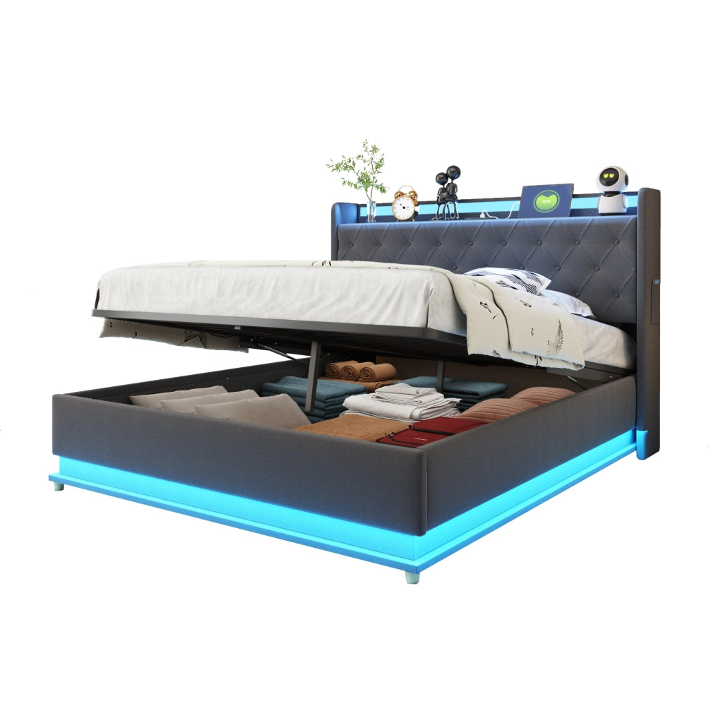 Letto imbottito 140x200 cm; luci LED multicolore e USB; tessuto grigio